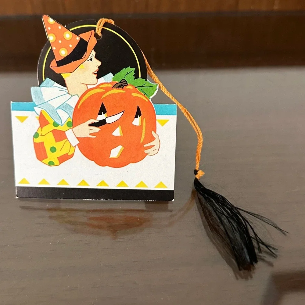 Antique Halloween Bridge Tally Card Clown‎ Carving Pumpkin Tassel Art Deco